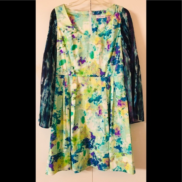 Calvin Klein Watercolour Floral Dress size 12 Summer Casual Bell Sleeve Pleated - Picture 1 of 12